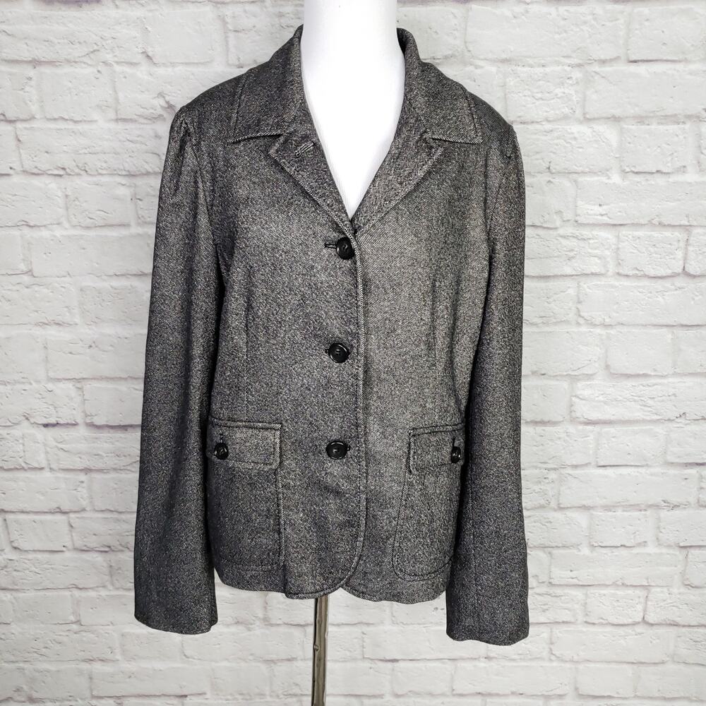 Talbots Gray Wool Silk Blend Flecked Blazer Jacket Peplum Back Hem Sz 14